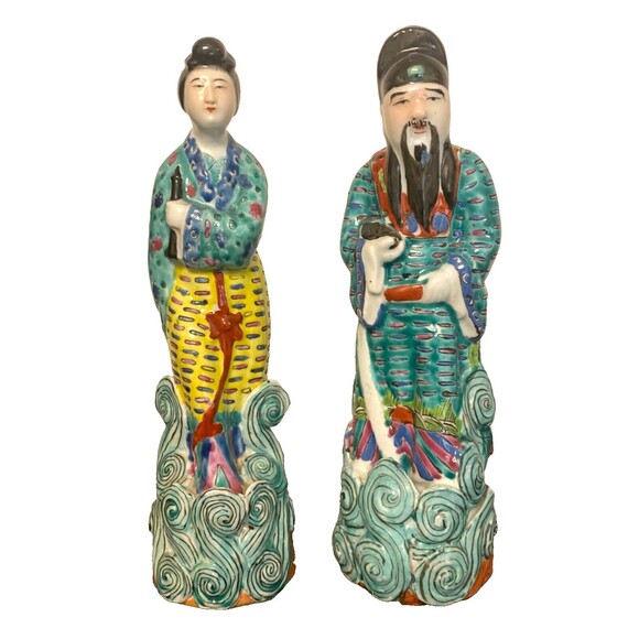 CHINESE FAMILLE ROSE FIGURES IMPRESSED MARK Painted Decor Ceramic Statues Couple - Picture 1 of 9